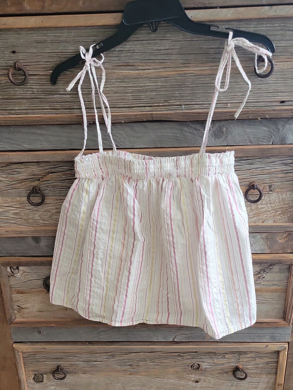 LOFT Smocked Waist Top with Metallic Pink, Silver/Gold Stripes